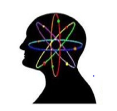Picture of a silhouette of a head with a colourful atoms design inside