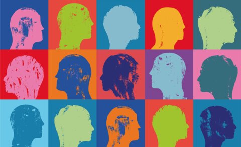 Colourful picture of squares with different coloured heads in