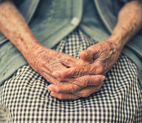 An older person sitting with their hands in their lap - the picture shows only the hands and lap.