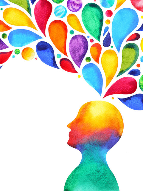 Painting of a head with colourful thought bubbles coming out the top