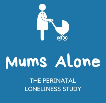 MUMS Alone study logo - drawing in white on a blue background of a person pushing a pram