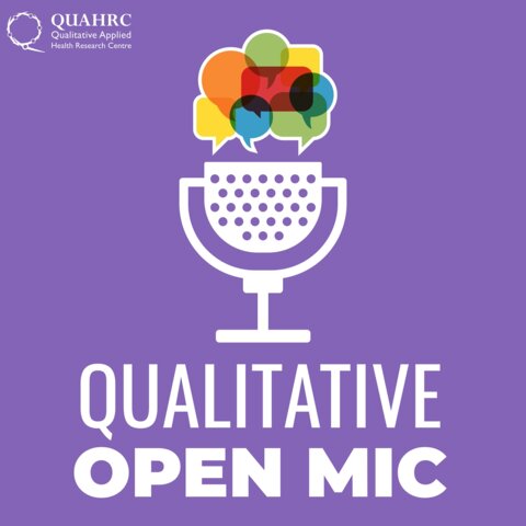 Drawing of a white microphone with coloured speech bubbles coming out the top, sitting above white text saying "Qualitative Open Mic" on a purple background