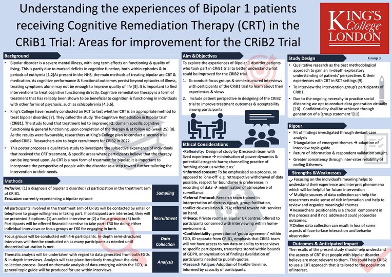 Poster 1 - Understanding the experiences of Bipolar 1 patients receiving Cognitive Remediation Therapy (CRT) in the CRiB1 Trial: Areas for improvement for the CRiB2 Trial