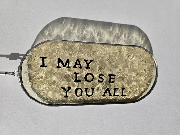 Painted glass with the text "I may lose you all"