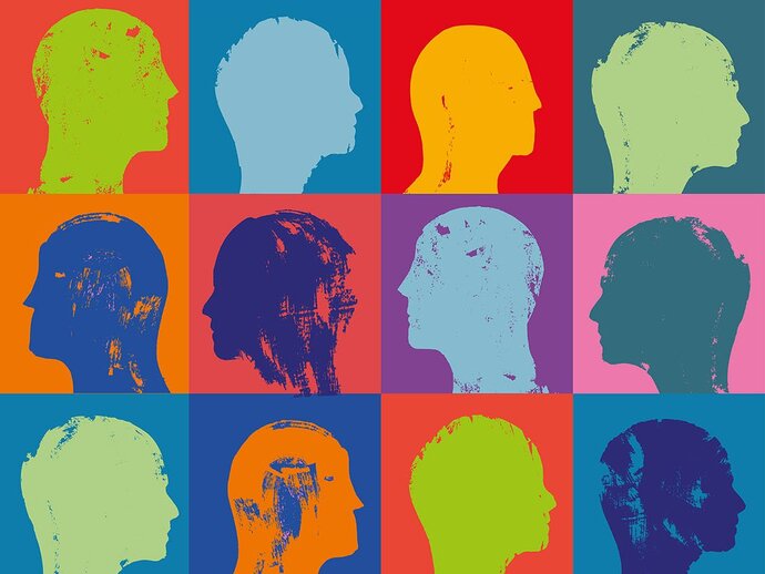 Coloured heads in a grid of coloured backgrounds