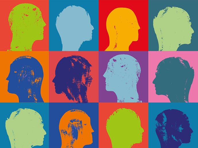 Coloured heads in a grid of coloured backgrounds