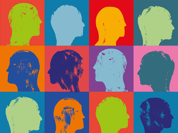 Colourful picture of squares with different coloured heads in