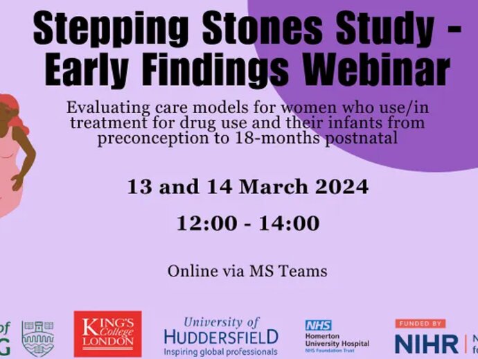 Text on a purple background with Stirling, KCL, Huddersfield  NIHR logos: Stepping stones study - early findings webinar, 13 and 14 March 2024 12-14.00. 