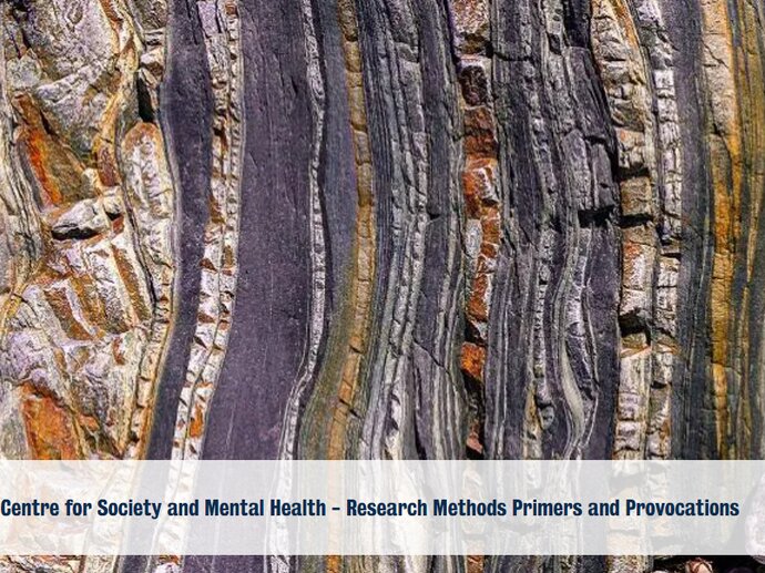 layers of multicoloured rock with the text Centre for Society and Mental health - primers and provocations