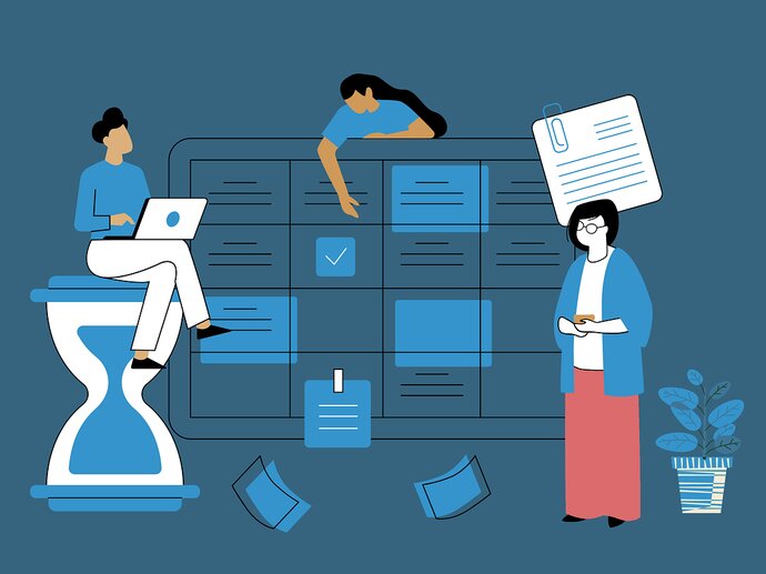 Cartoon image with three figures, a calendar, a timer, a to-do list, and a plant