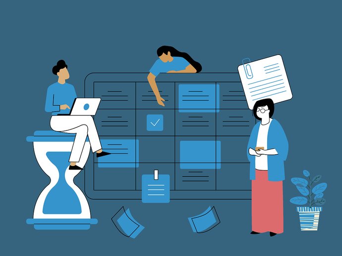 Cartoon image with three figures, a calendar, a timer, a to-do list, and a plant