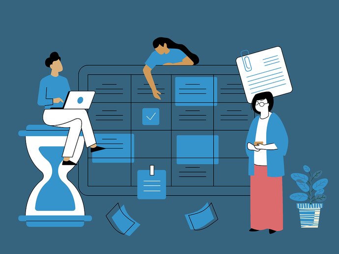 Cartoon image with three figures, a calendar, a timer, a to-do list, and a plant