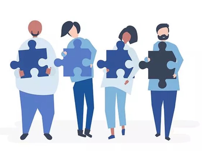 Graphic artwork of four people holding jigsaw pieces