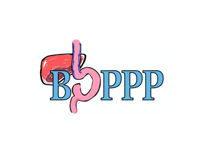 The BOPPP logo - there is a liver above the B in boppp and the O is made of an intestine or something similar