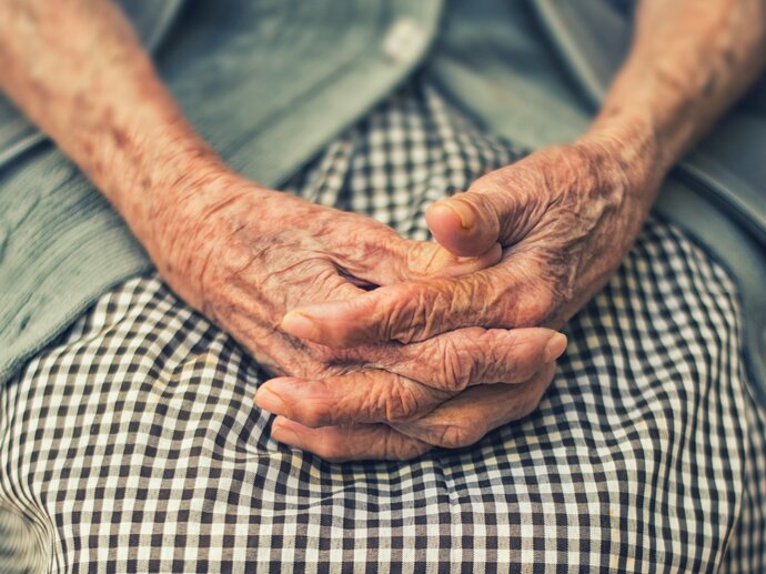 An older person sitting with their hands in their lap - the picture shows only the hands and lap.