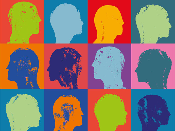 Colourful picture of squares with different coloured heads in