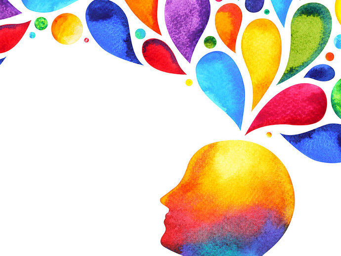 Painting of a head with colourful thought bubbles coming out the top