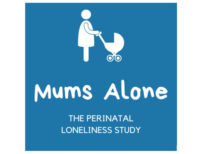 MUMS Alone study logo - drawing in white on a blue background of a person pushing a pram