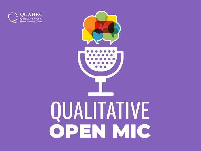 Qualitative Open Mic logo - a white microphone with coloured speech bubbles coming out,  on a purple background