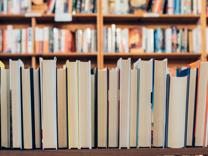 A row of books with the spine facing away so you see only the page edges