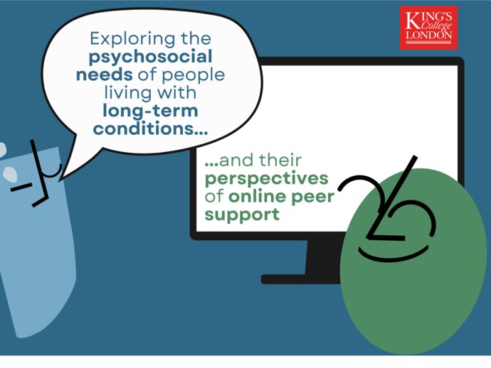 Abstract cartoon characters with a speech bubble and a computer screen reading "Exploring the psychosocial needs of people living with long-term conditions and their perspectives on online peer support"
