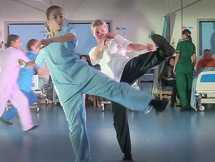 Performance of Careful in the Darwin Ward, Kingston University (2016). The performers are (left to right) Archana Balal, Helena Rice, Viviana Rocha, Dominique Vannod and Thalia-Marie Papadopoulos. Still from recording by Anna Tanczos (www.SciCommStudios.co.uk) Performance of Careful in the Darwin Ward, Kingston University (2016). The performers are (left to right) Archana Balal, Helena Rice, Viviana Rocha, Dominique Vannod and Thalia-Marie Papadopoulos. Still from recording by Anna Tanczos (www.SciCommStudios.co.uk)