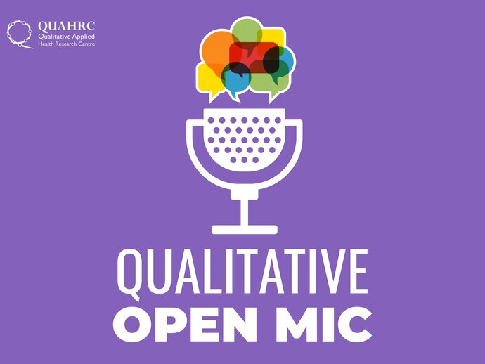 Drawing of a white microphone with coloured speech bubbles coming out the top, sitting above white text saying "Qualitative Open Mic" on a purple background