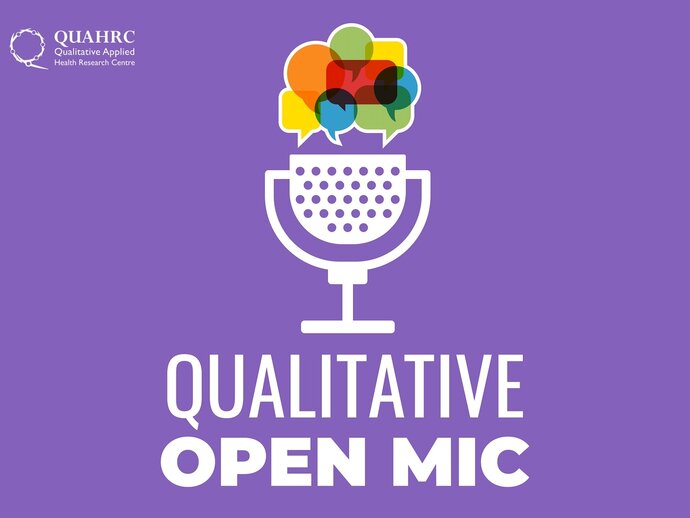 Qualitative Open Mic Drawing of a white microphone with coloured speech bubbles coming out the top, sitting above white text saying "Qualitative Open Mic" on a purple background