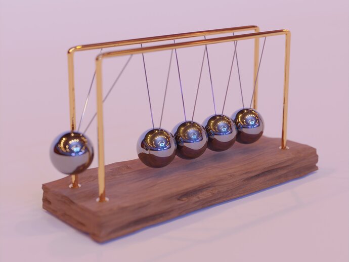 A newton's cradle, with one pendulum about to swing down to hit the others - impact