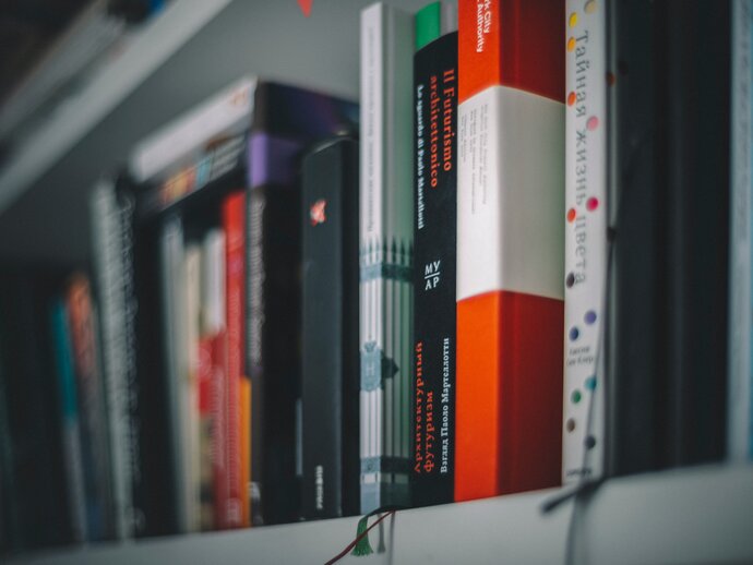 A row of textbooks on a shelf