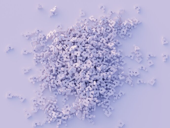 A pile of 3D question marks on a pale blue background