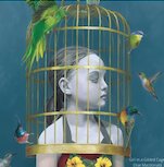 A child with her eyes closed and a bird cage over her head, birds flying around it