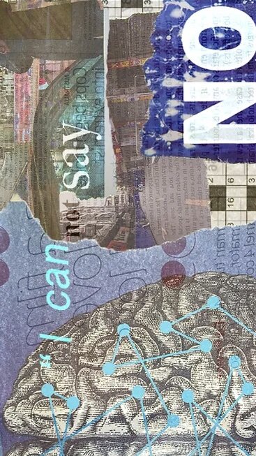 Collage from the exhibition in shades of blue with the text "I can not say no" in different fonts.