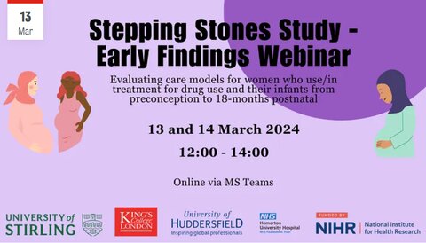 Text on a purple background with Stirling, KCL, Huddersfield  NIHR logos: Stepping stones study - early findings webinar, 13 and 14 March 2024 12-14.00. 