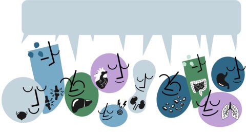 Abstract cartoon characters with different physical body parts highlighted, all sharing a speech bubble