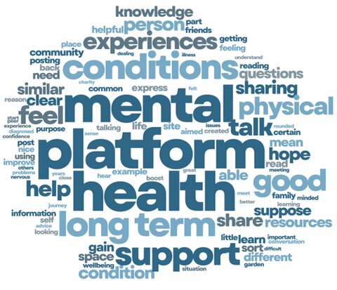 Word cloud showing these words largest (in order of size): mental platform health support long term conditions physical experiences feel sharing good resource help hope mean different condition information community
