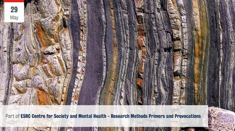 layers of rock in different colours with the text of ESRC centre for society and mental health provocations and primers