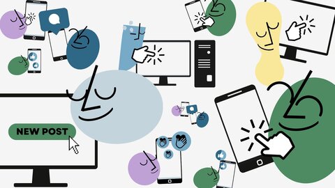 Abstract cartoon characters interacting with various electronic screens and devices