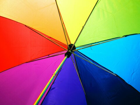 A rainbow banner photographed from below