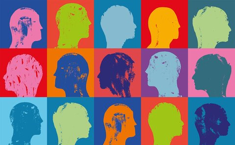 Colourful graphic of squares with different coloured heads in each square