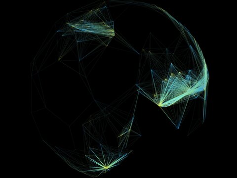 A globe picked out in points of light connected across it.