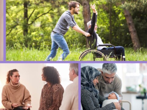 A collage of images showing people being together in relationships of care