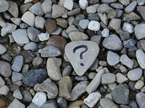 Pebbles on a beach, one of which has a question mark drawn on it