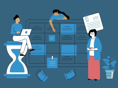 Cartoon image with three figures, a calendar, a timer, a to-do list, and a plant