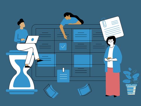 Cartoon image with three figures, a calendar, a timer, a to-do list, and a plant