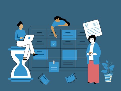 Cartoon image with three figures, a calendar, a timer, a to-do list, and a plant