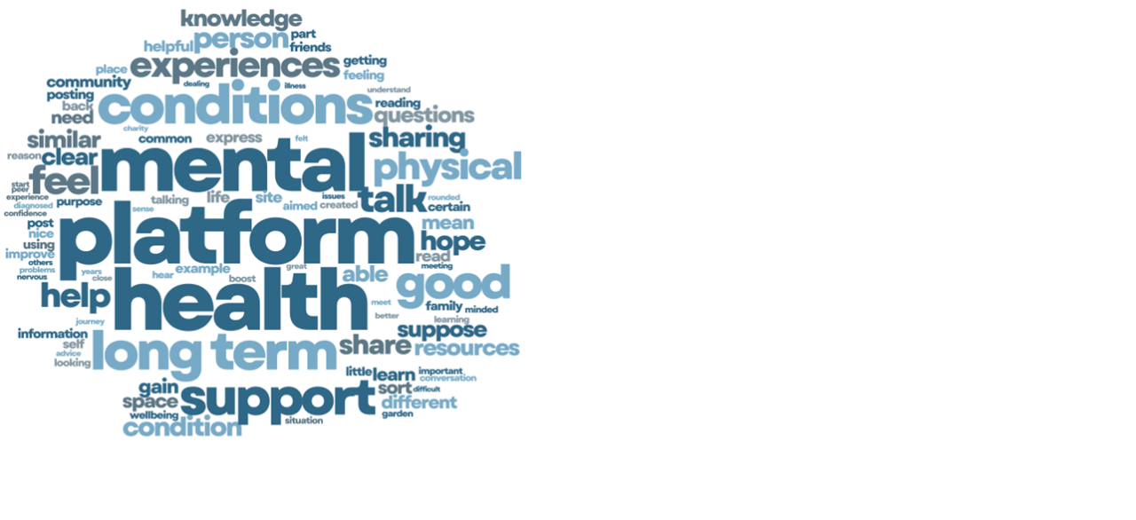 Word cloud showing these words largest (in order of size): mental platform health support long term conditions physical experiences feel sharing good resource help hope mean different condition information community