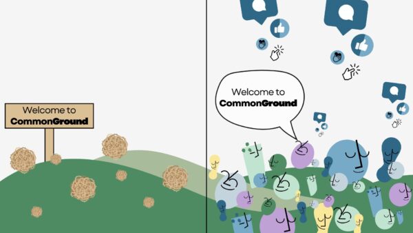 Graphic of abstract people on a green hill, with the speech bubble "Welcome to CommonGround"