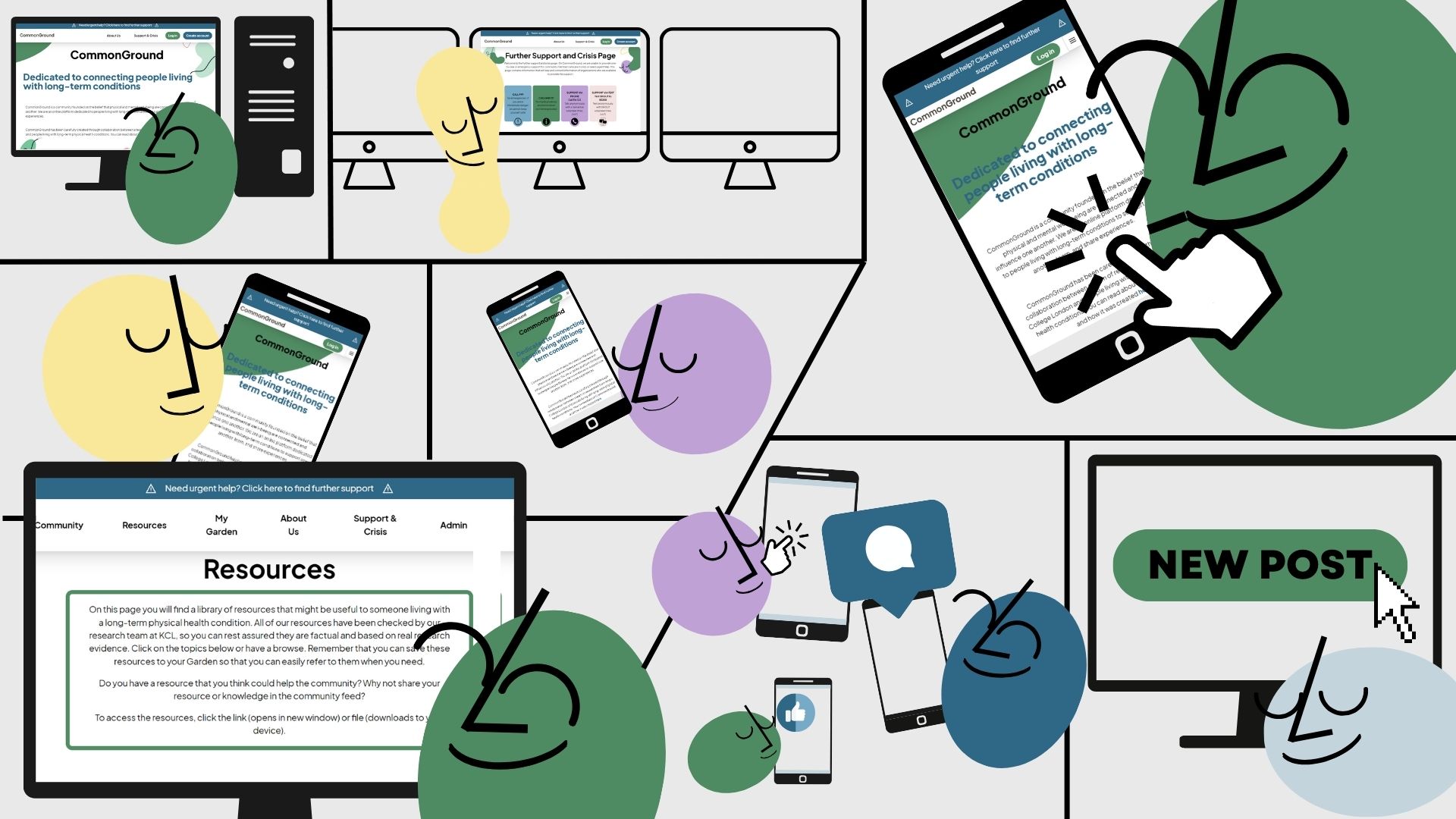 A colourful cartoon of figures engaging with different parts of the CommonGround resources