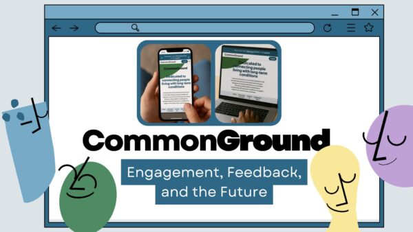Image with cartoon figures, a photo of a phone and a tablet, and the text Commonground: engagement, feedback, and the future